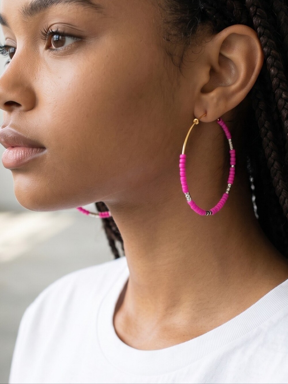 Gold Hoop Earrings with Hot Pink Beaded Accents
